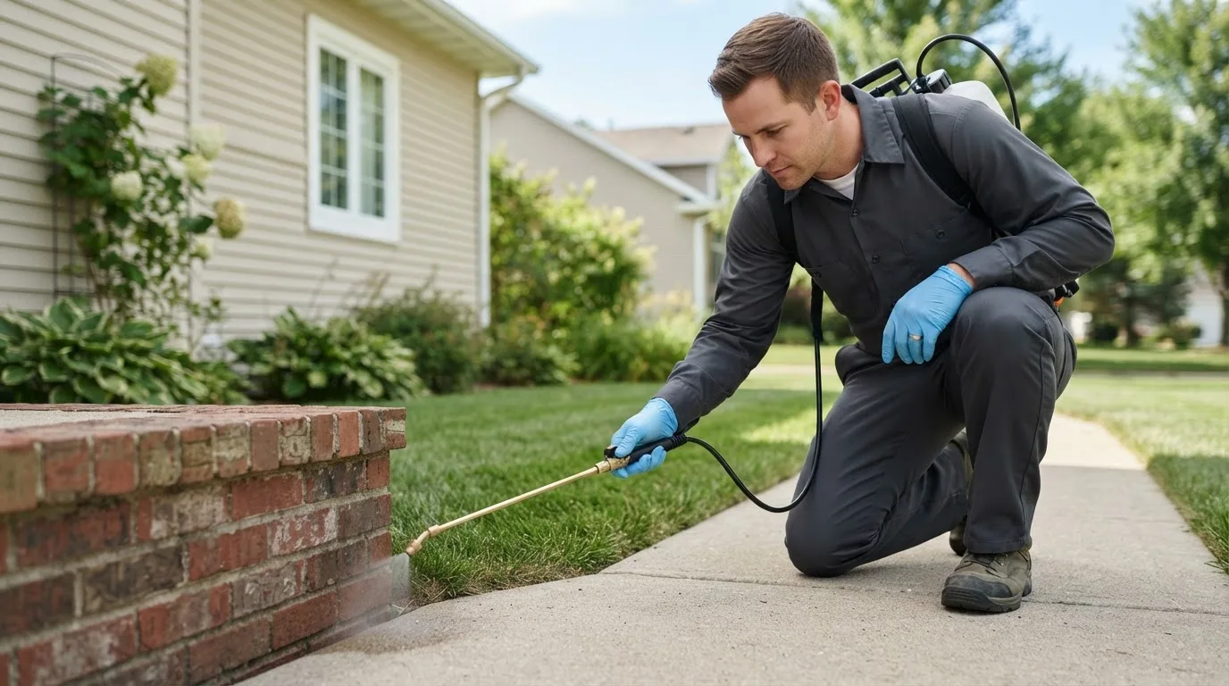 Pest control technician treating a home near Monroe, OR